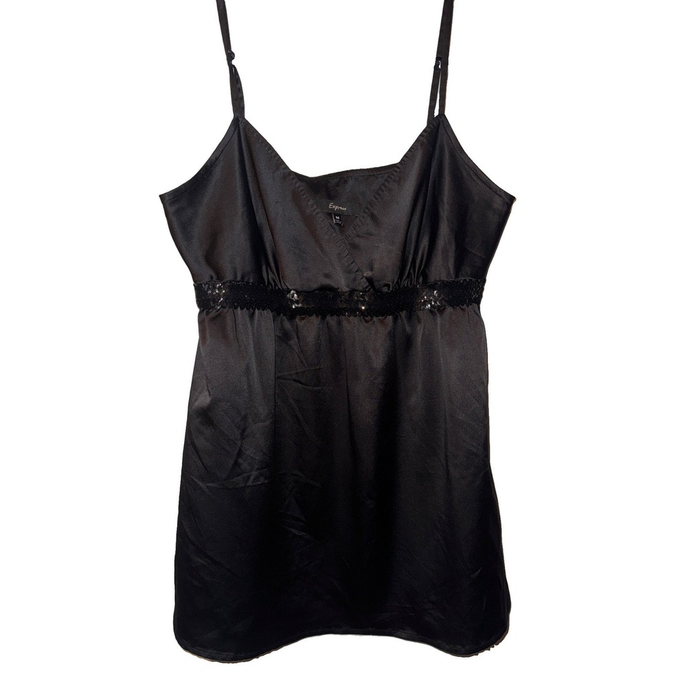 Vtg Express Babydoll Cami Satin Silky Black Sequins Dark Romance Sexy Women's M